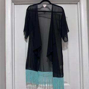 LuLaRoe Shirley Kimono – Black Sheer Fringe Hem – Size Small